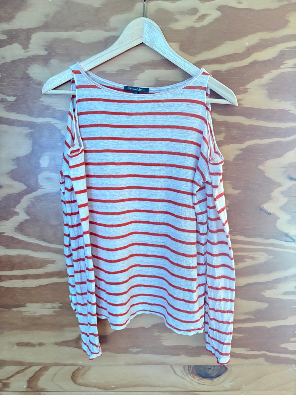 Michael Stars 100% Linen Cold Shoulder Orange & Ivory Striped Long Sleeve Top XS